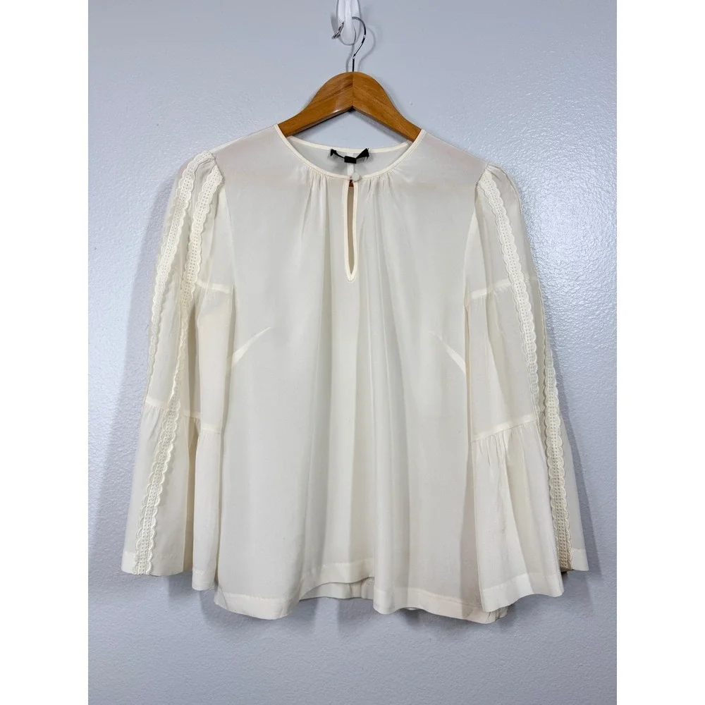 J. Crew Shirt Women's Size 6 Ivory Silk Lace Trim Bell Sleeve Feminine Classic‎